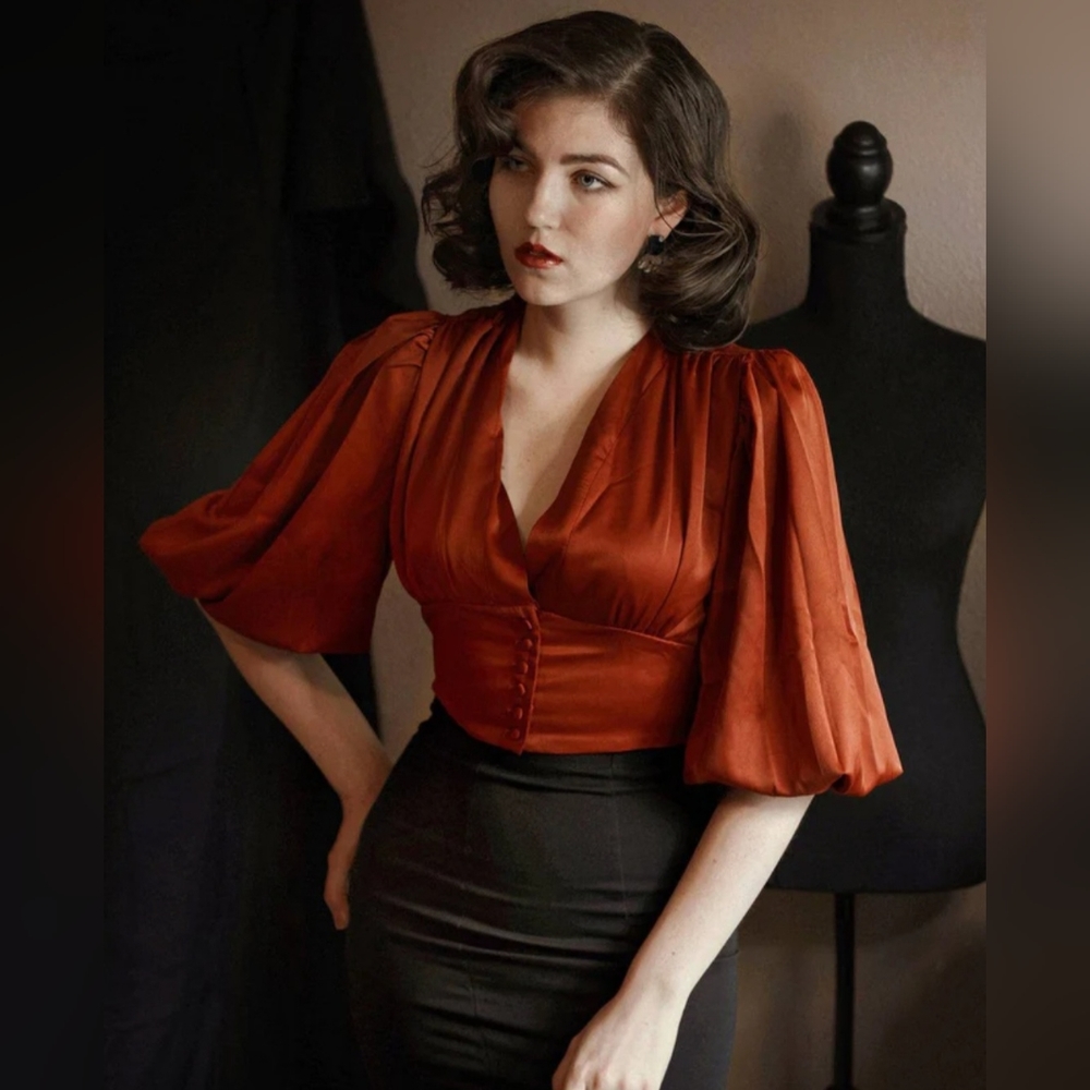 The Balloon Sleeves Satin Crop Blouse